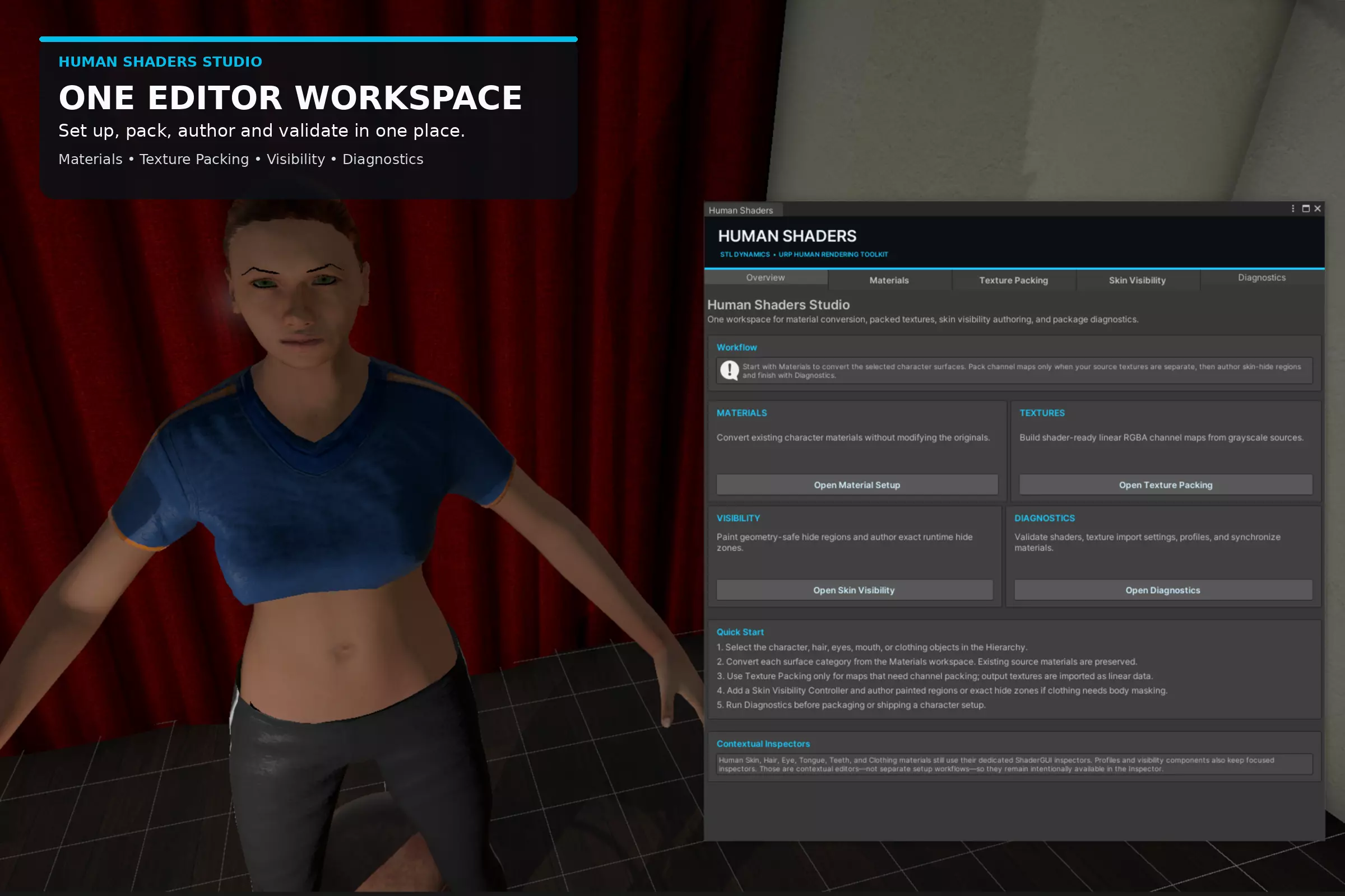Human Shaders Studio unified character material editor