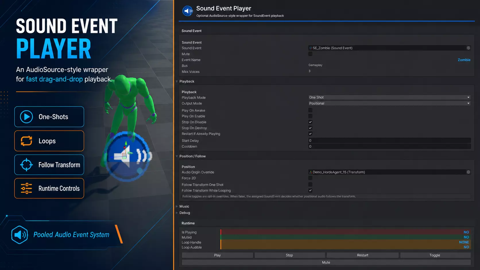 SoundEventPlayer inspector and component workflow