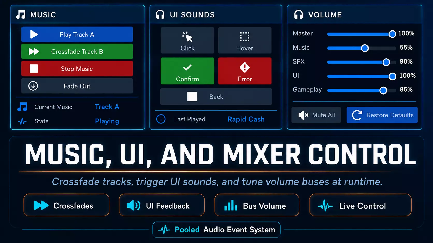 Pooled Audio Event System music and mixer controls