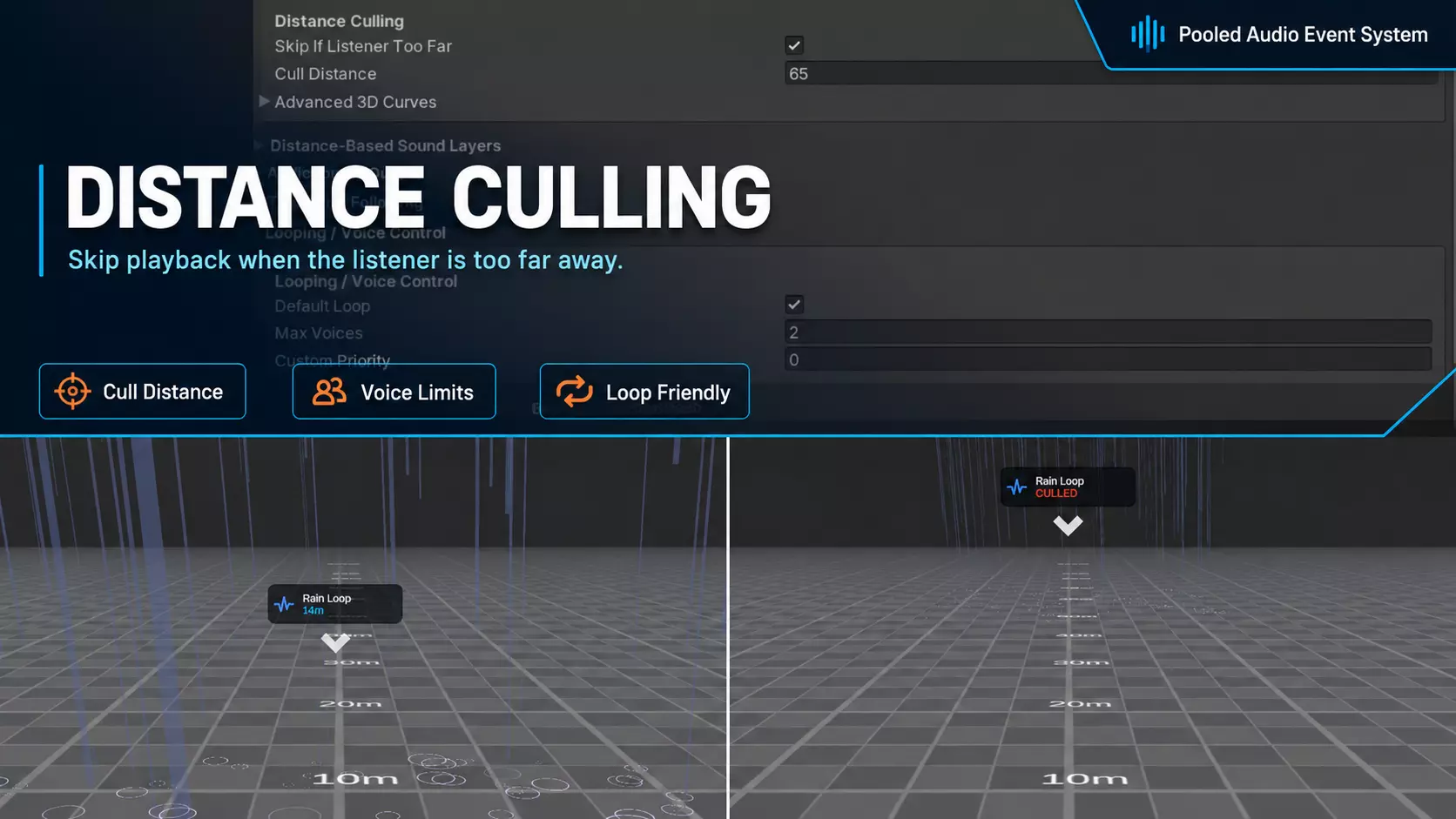 Distance culling demo with near and far emitters