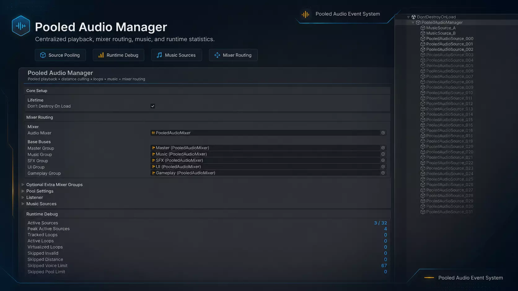 Pooled Audio Manager inspector and runtime hierarchy