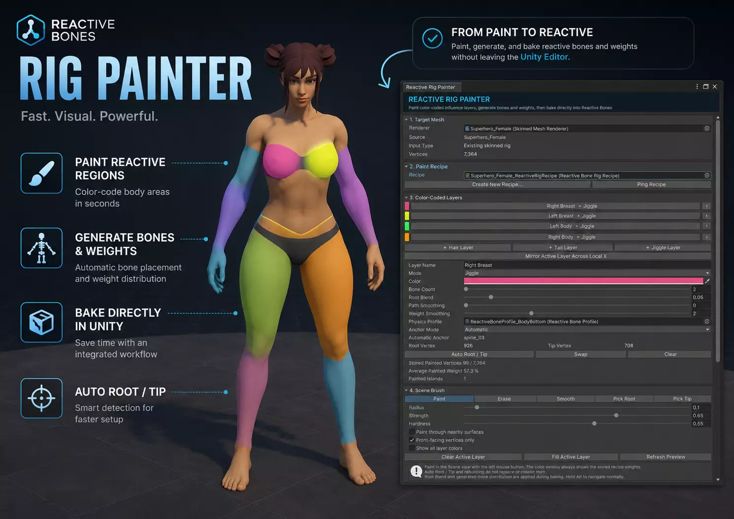 Paint reactive mesh regions and generate bones and weights inside Unity