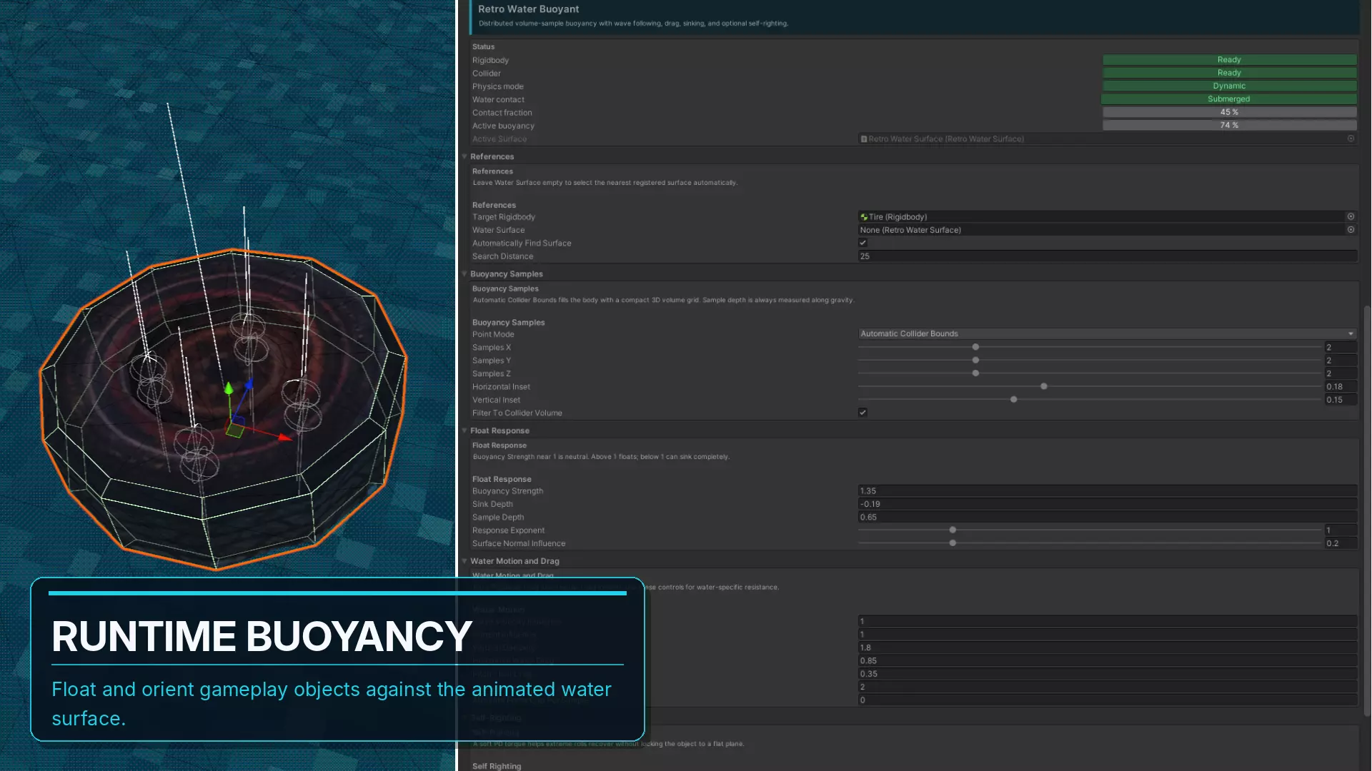 Rigidbody buoyancy setup and animated water