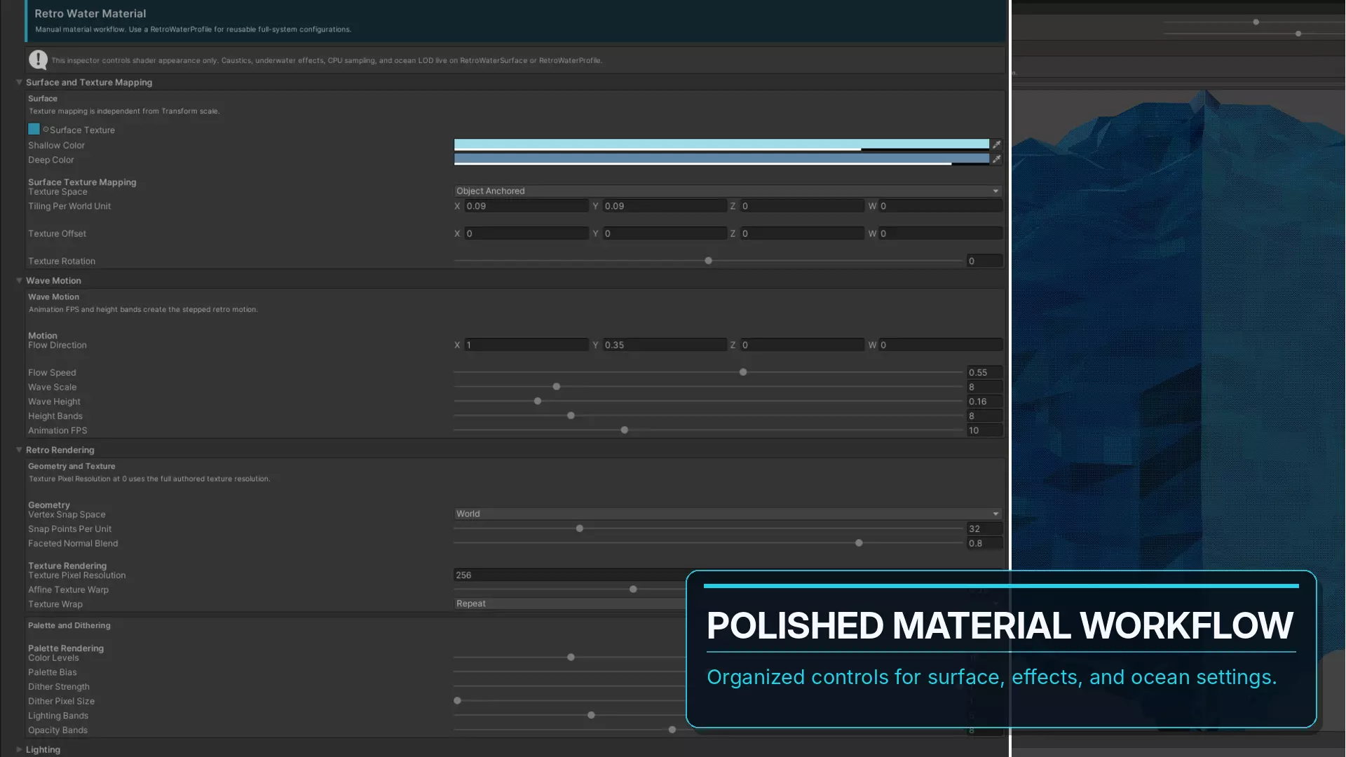 Profile-driven Retro Water material controls