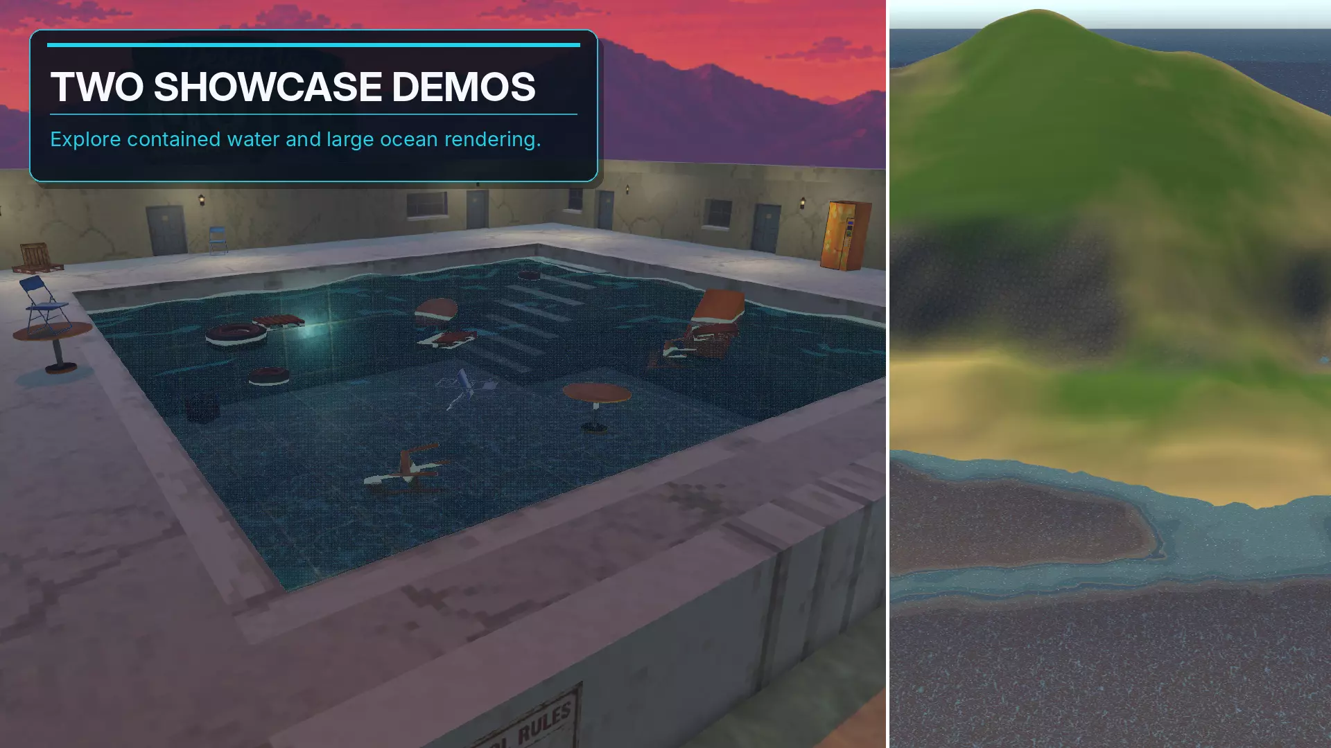 Pool and large-ocean showcase scenes