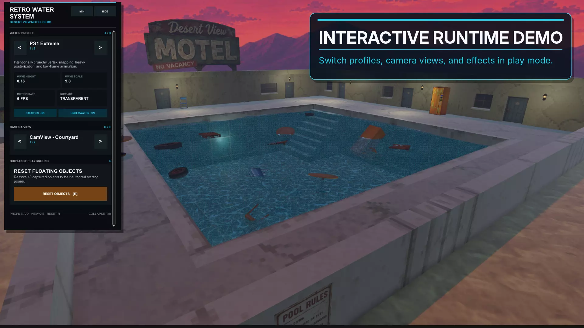 Runtime profile and effect controls in the motel pool demo